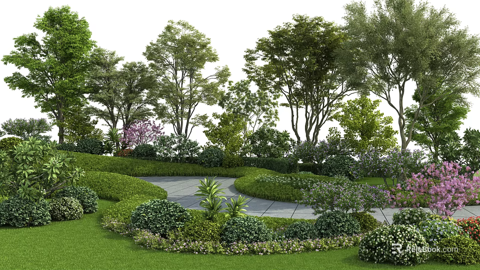Lush Garden Landscape With Various Trees Trimmed Shrubs Green Lawn And Winding Path 3d model 
