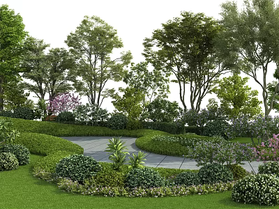 Lush Garden Landscape With Various Trees Trimmed Shrubs Green Lawn And Winding Path 3d model