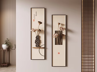 Elegant Vertical Wall Decor with Lotus Patterns Black Frames and Beige Background for Living Room 3d model