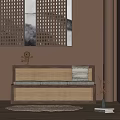 Public Chair With Rattan Material Three Seat And Gray Striped Cushions On Brown Wall Background