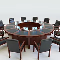 Round Wooden Conference Table With Multiple Screens And Black Leather Chairs