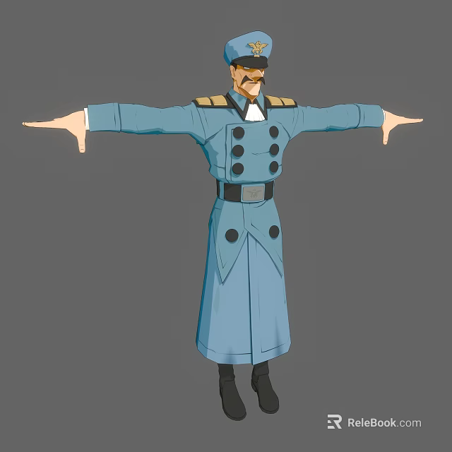 Cartoon Game Character In Blue Long Coat With Double Breasted Design And Outstretched Arms 3d model 