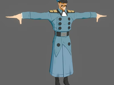 Cartoon Game Character In Blue Long Coat With Double Breasted Design And Outstretched Arms 3d model