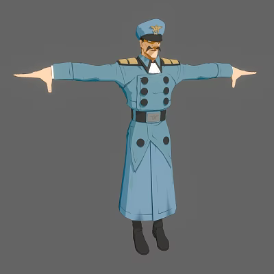 Cartoon Game Character In Blue Long Coat With Double Breasted Design And Outstretched Arms 3d model