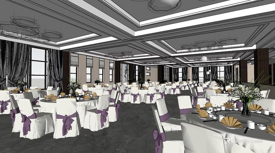 Elegant Banquet Hall With White Tablecloths Purple Chair Sashes And Chandeliers 3d model 