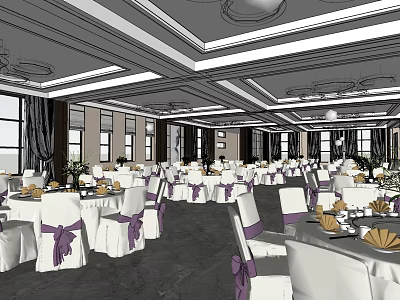 Elegant Banquet Hall With White Tablecloths Purple Chair Sashes And Chandeliers 3d model