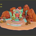 Cartoon Style Scenic Landscape With Orange Rocks Green Water Streams And Central Golden Structure