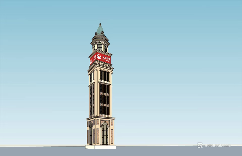 Classic Clock Tower With Red Banner And Arched Windows Topped By Spire 3d model 