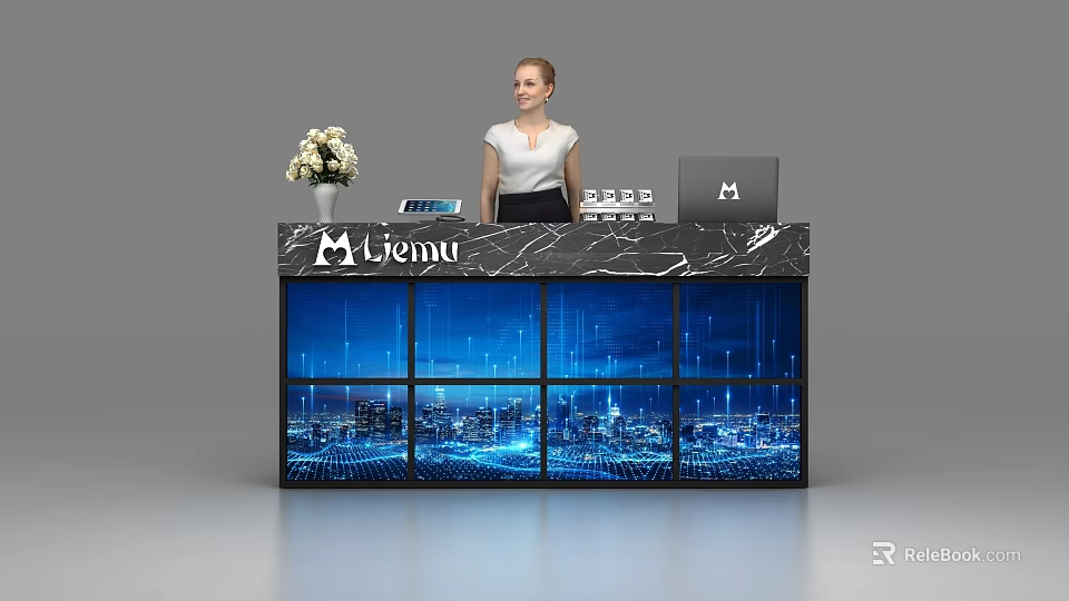 Elegant Liemu Reception Desk with Marble Top Digital Cityscape Screens and Floral Decor 3d model 