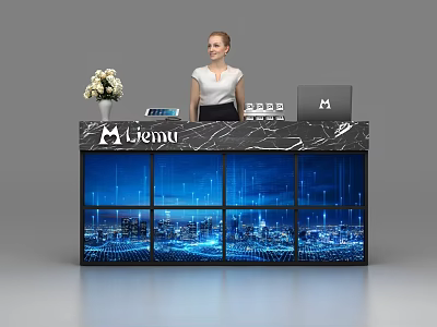 Elegant Liemu Reception Desk with Marble Top Digital Cityscape Screens and Floral Decor 3d model