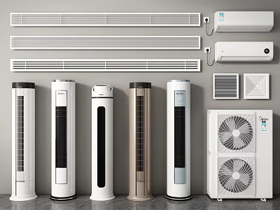 Modern Air Conditioners and Fans with Different Types Including Standing Wall Mounted and Tower Designs 3d model