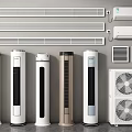 Modern Air Conditioners and Fans with Different Types Including Standing Wall Mounted and Tower Designs