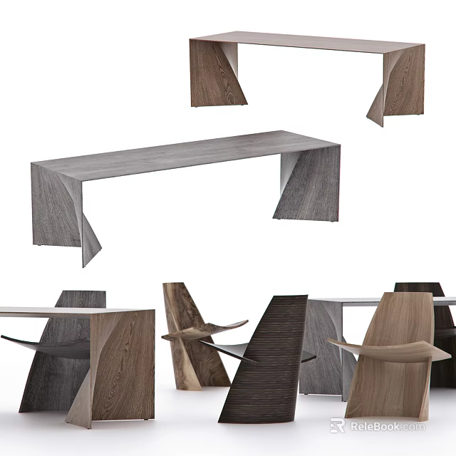 Modern Wooden Table And Chair Set With Geometric Design And Wood Grain 3d model 