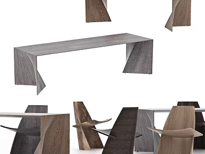 Modern Wooden Table And Chair Set With Geometric Design And Wood Grain 3d model