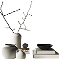 Stylish Decorative Ornament Set with Twigs White Vase Black Bowl and Books