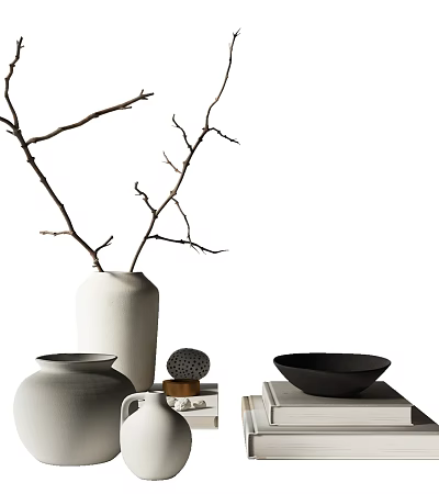 Stylish Decorative Ornament Set with Twigs White Vase Black Bowl and Books 3d model