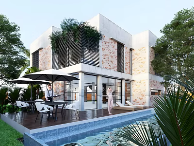 Contemporary Detached Villa Featuring Brick Exterior Glass Windows Swimming Pool Outdoor Terrace And Greenery 3d model