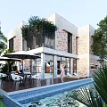 Contemporary Detached Villa Featuring Brick Exterior Glass Windows Swimming Pool Outdoor Terrace And Greenery