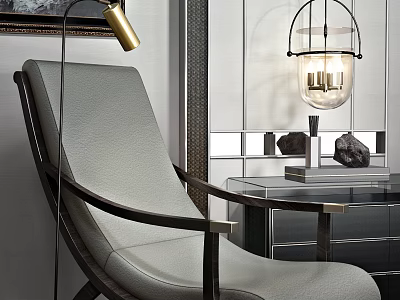 Modern Leather Accent Chair With Wooden Frame And Floor Lamp Near Dresser 3d model