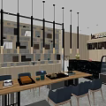 Magic Coffee Shop Interior With Wooden Shelves Black Counter Pendants Wooden Table And Purple Orchid