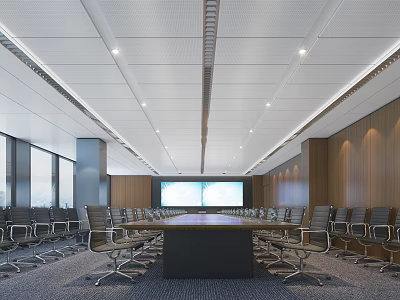 Modern Conference Room With Long Table Chairs Large Screen Wooden Walls And Windows 3d model