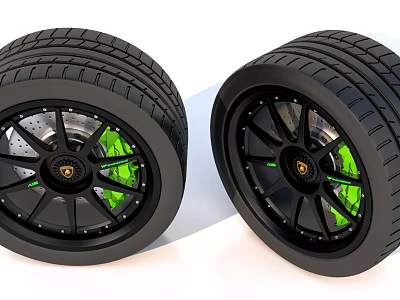 High Performance Car Tires With Black Alloy Wheels And Green Brake Calipers 3d model