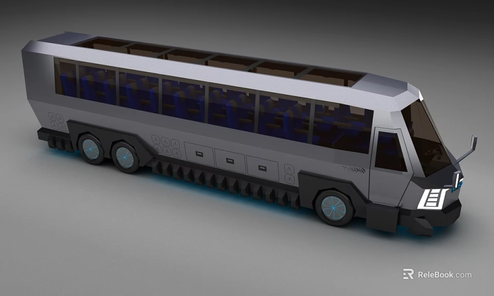 Futuristic Silver Bus Featuring Large Windows Streamlined Body And Blue Underbody Lights 3d model 
