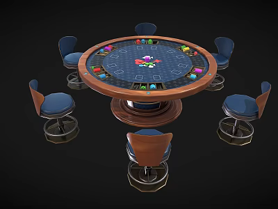 Round Roulette Game Table With Blue Tabletop Wooden Edge And Blue Cushioned Wheeled Chairs 3d model