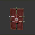 Red Industrial Secure Door With Central Circular Lock And Cross Metal Bars Design Elements