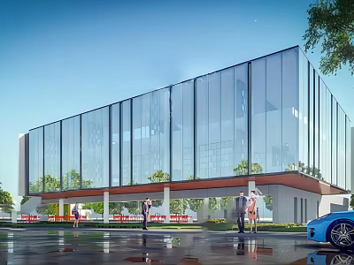 Modern School Building with Glass Curtain Wall and Open Design People Nearby and Blue Car 3d model