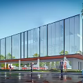 Modern School Building with Glass Curtain Wall and Open Design People Nearby and Blue Car
