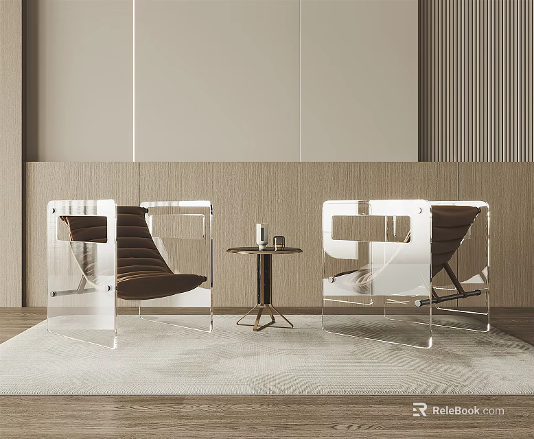 Pair of Leisure Sofa Chairs With Transparent Acrylic Frame And Brown Cushions On Light Rug 3d model 
