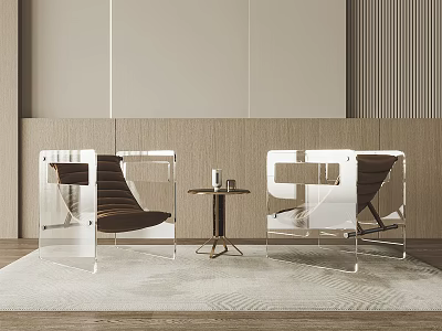 Pair of Leisure Sofa Chairs With Transparent Acrylic Frame And Brown Cushions On Light Rug 3d model
