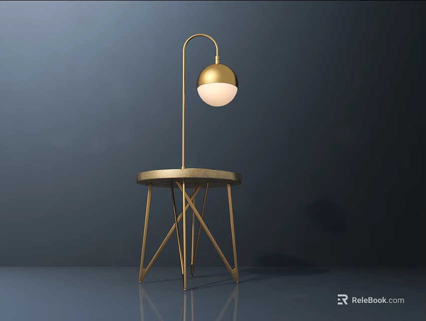 Golden Table Lamp With Round Shade And Metal Stand On Small Table Base 3d model 