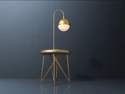 Golden Table Lamp With Round Shade And Metal Stand On Small Table Base 3d model