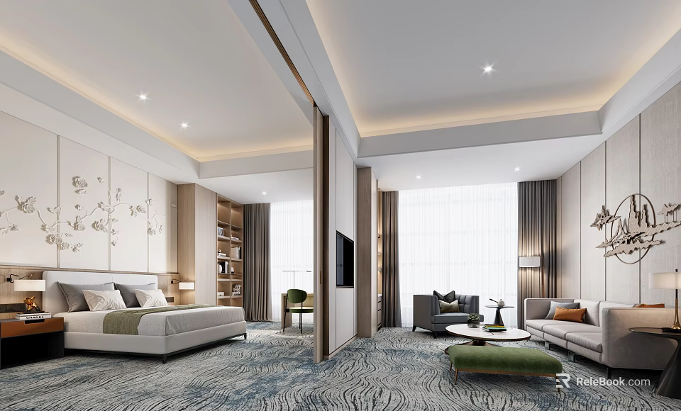 Modern Luxurious Hotel Room Interior With Comfortable Bed Sofa Large Windows And Decorative Art 3d model 