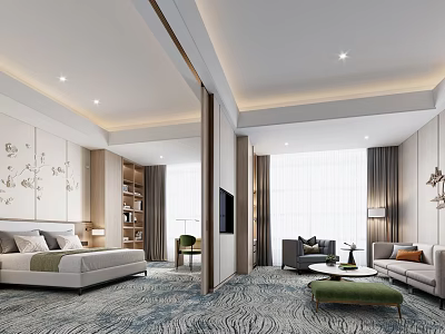 Modern Luxurious Hotel Room Interior With Comfortable Bed Sofa Large Windows And Decorative Art 3d model
