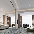 Modern Luxurious Hotel Room Interior With Comfortable Bed Sofa Large Windows And Decorative Art