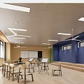 Modern Book Art Classroom Interior With Wooden Walls Blue Accents And Tables