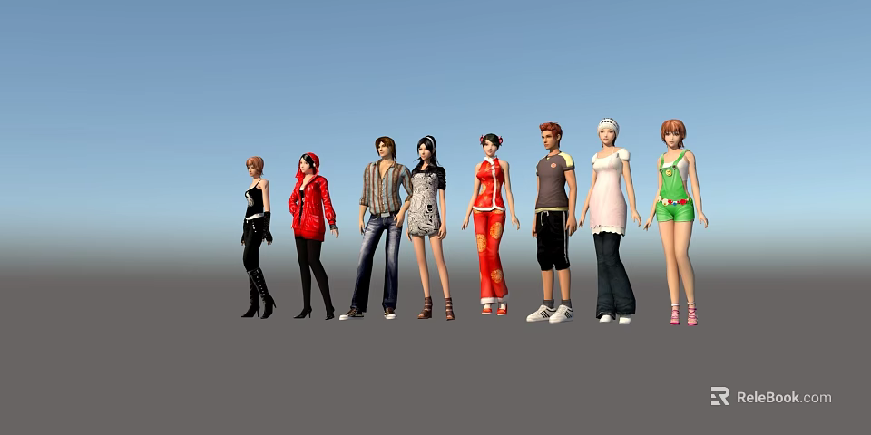 Group of People in Different Colorful Outfits Standing in a Row Against Blue Sky 3d model 