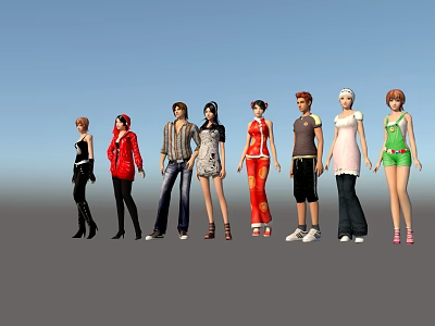 Group of People in Different Colorful Outfits Standing in a Row Against Blue Sky 3d model