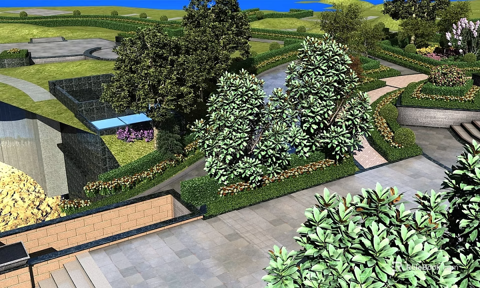 Casement Door In Garden Landscape With Green Trees Lawn Stone Path And Flower Beds 3d model 