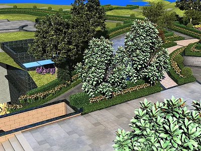 Casement Door In Garden Landscape With Green Trees Lawn Stone Path And Flower Beds 3d model
