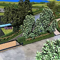 Casement Door In Garden Landscape With Green Trees Lawn Stone Path And Flower Beds