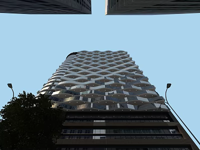 Modern Towering Office Building With Geometric Lattice Facade And Surrounding Street Lamps Trees 3d model