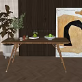 Modern Wooden Coffee Table with Green Plants Fruits and Abstract Art on Herringbone Floor