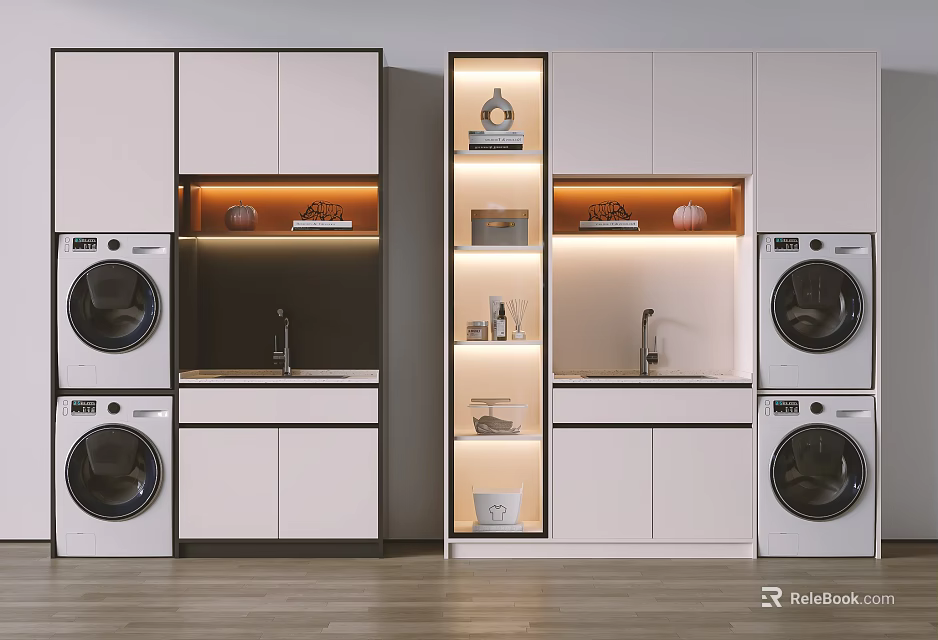 Modern Laundry Room With White Cabinets Washing Machines And Storage Shelves 3d model 