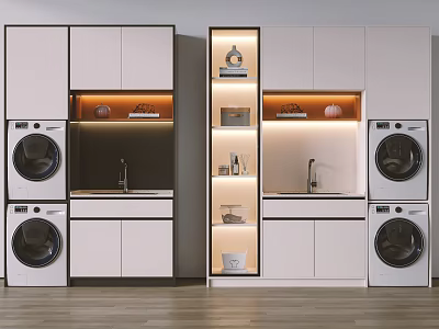Modern Laundry Room With White Cabinets Washing Machines And Storage Shelves 3d model