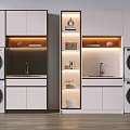 Modern Laundry Room With White Cabinets Washing Machines And Storage Shelves
