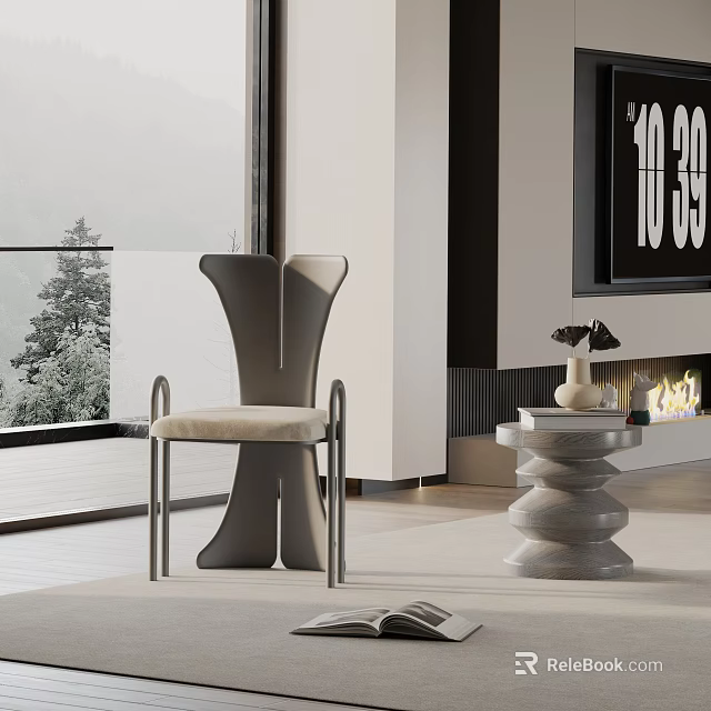 Modern Gray Velvet Dining Chair With Sculpted Backrest And Metal Frame Near Window 3d model 